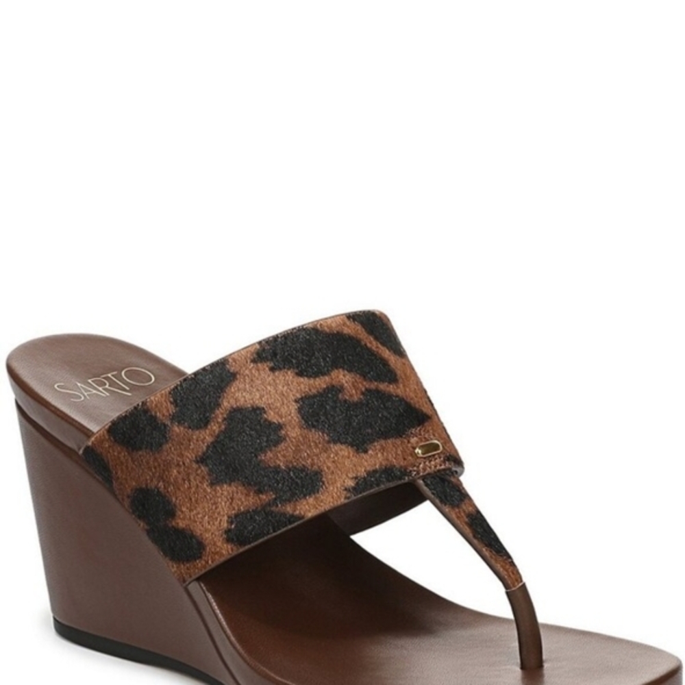 by Franco Brown Leopard Print Wedge Thong Sandal